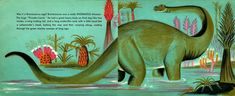 an illustration of a dinosaur standing in the water with trees and plants around its neck