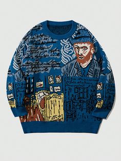 Men's Sweater Van Gogh Painting Creative Round Neck Pullover Knitwear Blue Casual  Long Sleeve Knitwear Figure Pullovers Medium Stretch  Men Clothing, size features are:Bust: ,Length: ,Sleeve Length: Sweater Streetwear, Boho Pullover, Streetwear Chic, Streetwear Mode, Vintage Pullovers, Streetwear Tops, Oversized Pullover, Pattern Sweater, Mode Inspo