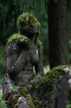 a moss covered statue sitting in the middle of a forest