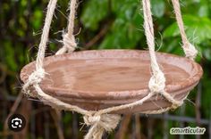 a bird feeder hanging from a rope in front of some trees