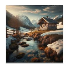 a painting of a cabin by a stream in the mountains with snow on the ground