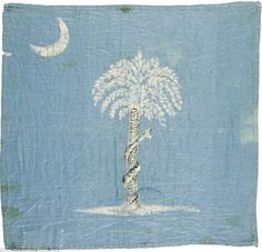 an old cloth with a palm tree and the moon in the sky above it on a blue background