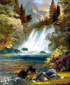 a painting of a waterfall in the mountains with trees and flowers around it, surrounded by rocks