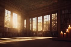 the sun shines through two windows in an old library