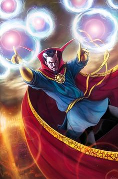 a man in a red cape flying through the air with two glowing orbs above his head