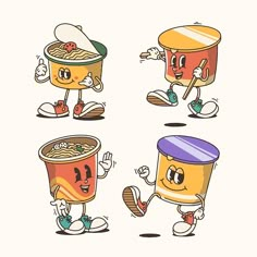 three cartoon cups of food with faces and hands, one is holding a cup while the other