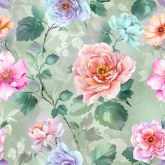 a floral wallpaper with pink, blue and purple flowers on it's green background