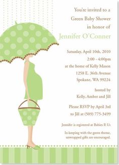 a baby shower with a woman holding an umbrella in it's hand and the words, you're invited to a green baby shower in honor of jenny o's corner