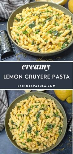 creamy lemon gruyere pasta with spinach and parsley in a skillet