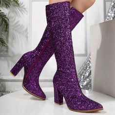 Purplehi-Heel Sequin Pointed Toe Platform Mid-Calf Boots Side-Zipper Upper Material: Sequins Lining Material: Sudette Insole Material: Sudette Outsole Material: Rubber Purple Boots, Calf Boots, Mid Calf Boots, Shoes Heels Boots, Fun Stuff, Mid Calf, Color Purple, Side Zipper, Shoes Women Heels