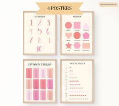 four different posters with numbers and shapes in pink, white, and peach colors on them