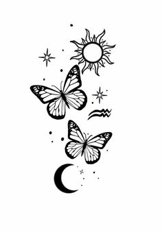 three butterflies flying over the moon and stars