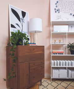 a living room with pink walls and white shelving unit next to a potted plant