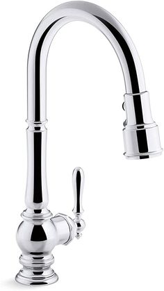 a kitchen faucet with chrome handles and nozzles on the handlebar