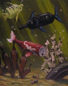 an oil painting of fish swimming in the water with bubbles and algaes around them