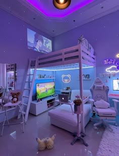 a child's bedroom with bunk beds and purple walls