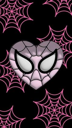 a spiderman heart on a black background with pink and white webs around it