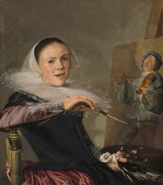 a painting of a woman holding a paintbrush in front of a man with an easel