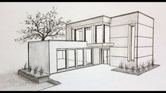 a drawing of a house with trees in the front yard and bushes on the side