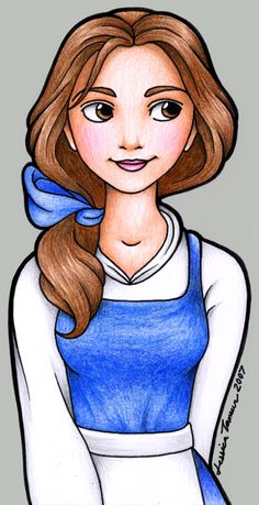 a drawing of a girl with long hair wearing a blue and white dress, holding her hands on her hips