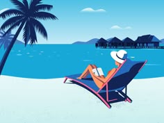 a person sitting in a beach chair reading a book on the beach with palm trees