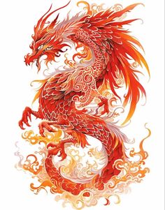 a red and yellow dragon sitting on top of a white surface with swirls around it