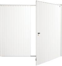 an open white metal door on a white background with clipping path to the left