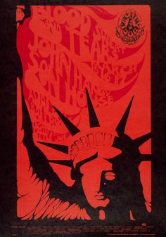 a red poster with the statue of liberty on it's face and words above it