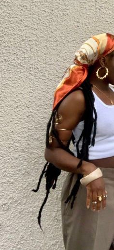 Earthy Outfits Black Women Locs, Summer Headwrap Outfit, Head Scarfs Outfits, Summer Head Scarf Boho Style, Scarf Hairstyles Outfit, Locs With Scarf Black Women, Black Headscarf Outfit, Boho Jewelry Black Women, Black Woman Head Scarf