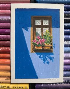 a painting of a window with flowers in it and many books on the wall behind it