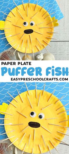 paper plate puffer fish craft for kids with text overlay that says paper plate puffer fish