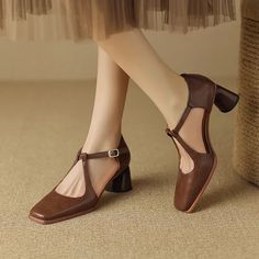 LBSFY - New Fashion Pumps Genuine Leather Women Square Toe Thick Heels Pumps Shoes Woman Spring Summer Casual Party Shoes Woman Retro Court Shoes For Party, Brown Pointed Toe Court Shoes For Spring, Spring Party Mary Jane Court Shoes, Block Heel Court Shoes For Party In Fall, Block Heel Court Shoes For Fall Party, Retro Low Heel Party Heels, Summer Leather Court Shoes For Party, Leather Court Shoes For Summer Parties, Retro Spring Court Shoes