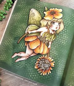 an open book with a drawing of a fairy holding a flower on it's back