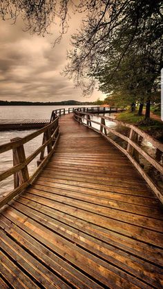 a wooden bridge over water with trees on both sides