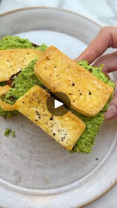 a person is holding a sandwich on a plate with pesto and cheese in it