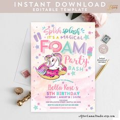 an unicorn birthday party with pink and purple watercolors on it, including a card that