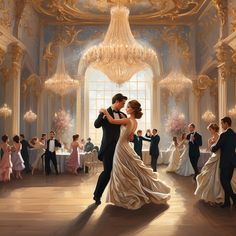 a painting of a bride and groom dancing in a ballroom with chandeliers hanging from the ceiling