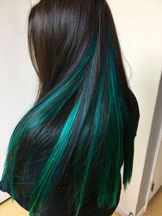 Peacock extensions greensblues aquatic color hair Teal Peek A Boo Hair, Different Color Extensions, Color In Dark Brown Hair, Peacock Green Hair Color, Peekaboo Teal Hair, Green Extensions Hair, Peacock Highlights Brown Hair, Black And Teal Hair Peekaboo, Peacock Hair Color Peekaboo