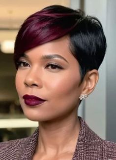 Two Toned Pixie Haircut, Hair Cut And Color Trends, Flicked Out Hairstyles, Pixie Blowout, Short Black Pixie Haircut, Bob Locs Hairstyles, Short Blonde Pixie Black Women, Short Cute Hairstyles For Black Women, Short Pixie Hairstyles For Black Women