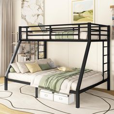 a black bunk bed sitting on top of a wooden floor next to a white rug