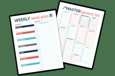 two printable meal planner pages with the words, weekly meal plan and grocery list