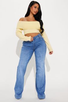 Available In Yellow And Dusty Blue. Pullover Sweater Long Sleeve Off Shoulder Fold Over Detail Cropped Ribbed Hem Self: 42% Acrylic 30% Nylon 28% Polyester Imported | Only One Off Shoulder Sweater in Yellow size Medium by Fashion Nova Pretty Wardrobe, Off The Shoulder Top Outfit, Hot Miami Styles Dresses, Stephanie Rao, Senior Stuff, Gal Gadot Wonder Woman, Hot Miami Styles, Sweater Tops, Yellow Outfit