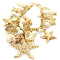 Beautifully Designed Ocean Style Starfish Sea Star Conch Shell Faux Pearl Chain Beach Charm Bracelet. Will Be Perfect For The Summer And Beyond, It Is A Must Have. Thank You For Looking, Have A Great Day. Gold Charm Bracelet With Starfish For Beach, Star-shaped Bracelet With Starfish Charm Gift, Ocean-inspired Bracelet With Starfish Charm, Beach Charm Bracelet, Gold Bracelet With Starfish Charm, Adjustable, Gold Shell-shaped Jewelry With Starfish Charm, Ocean Fashion, Sea Star, Conch Shell