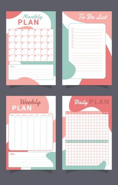 four different planner pages with the words, weekly and daily plan written in red on them