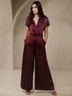 Dark Cherry Red, Silk Pant, Royal Outfits, Satin Pants, Womenswear Fashion, Ultra Wide, Bow Detail Dress, High Waist Fashion, Banana Republic Pants