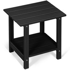 a black side table with two shelves on the bottom and one shelf below it for storage