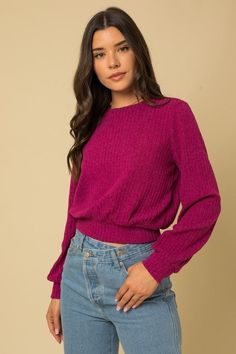 Magenta Open Back Knit Top -  - Gilli - MOD&SOUL Tie Sweater, Lounge Outfit, Color Magenta, Cute Boutiques, Open Design, Cozy Fits, Long Puff Sleeves, Tie Top, Fall Wardrobe