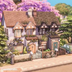 a painting of a house with lots of flowers on the roof and trees around it