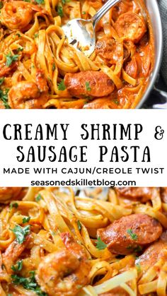 One Pot Creamy Cajun Shrimp Pasta with Sausage Cajun Shrimp Pasta With Sausage, Shrimp And Sausage Pasta, Creamy Cajun Shrimp, Cajun Sausage Pasta, Andouille Sausage Recipes, Linguini Pasta, Creamy Cajun Shrimp Pasta, Shrimp And Sausage, Cajun Sausage