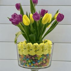 a glass vase filled with yellow and purple tulips, peep holes and candy